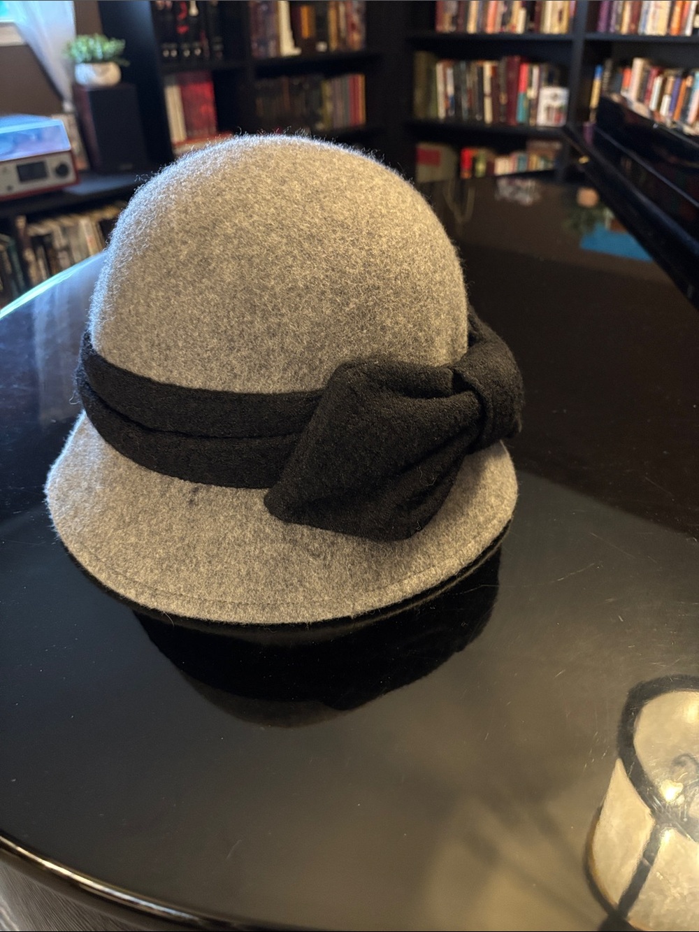 Gray Wool Cloche Hat with Black Bow
